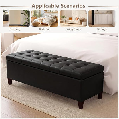 Joveco Storage Ottoman Bench, 51 Inch Leather Tufted Upholstered Bench for End Foot of Bed, Bedroom, Living Room, Black