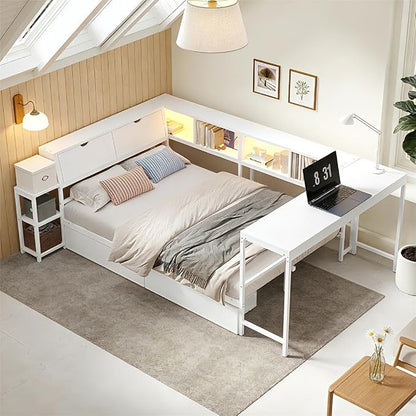 Bellemave Full Size Corner Bed Frame with Storage Bookcase & 2 Drawers, Modern Metal Full Daybed with LED Lights & Charging Station, Reversible Full Corner Bed with Desk for Space-Saving, White