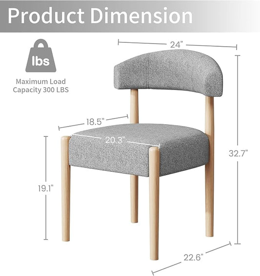 VKNOW Wooden Dining Chairs Set of 4 with Curved Open Back, Gray | Natural Rubberwood Legs, Soft Chenille Fabric, Thickened Cushion, For Adults and Family, Dining Room, Kitchen, No Wobble