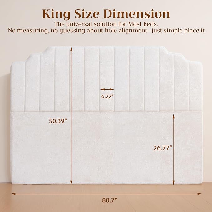 King Headboard Only - Beige Velvet Upholstered Headboard for Bed, No Assembly Required, Pure Sponge Design, Comfort Head Board, Place Between Bed & Wall, Vertical Stripe with Stepped Crown Top Edge