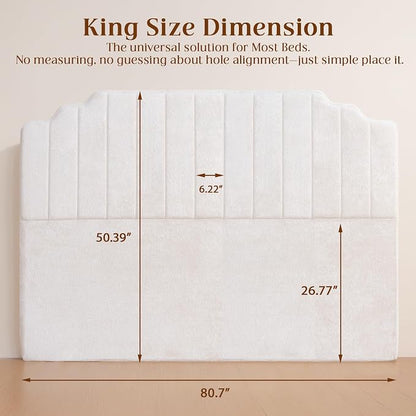 King Headboard Only - Beige Velvet Upholstered Headboard for Bed, No Assembly Required, Pure Sponge Design, Comfort Head Board, Place Between Bed & Wall, Vertical Stripe with Stepped Crown Top Edge