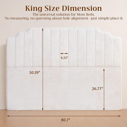 King Headboard Only - Beige Velvet Upholstered Headboard for Bed, No Assembly Required, Pure Sponge Design, Comfort Head Board, Place Between Bed & Wall, Vertical Stripe with Stepped Crown Top Edge