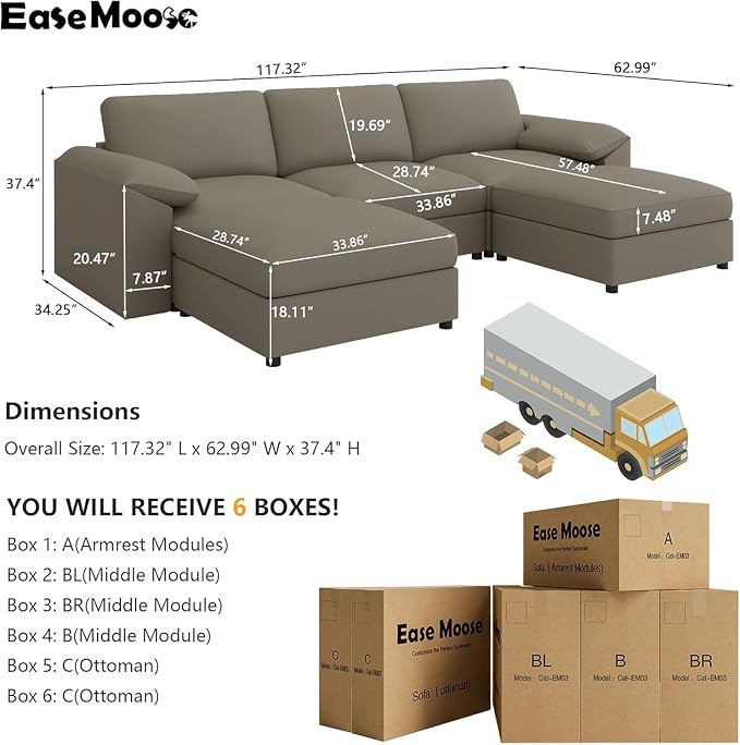EASE MOOSE Extra Large Faux Leather Sectional U Shaped Couch, Oversized Modular Sofa with Deep Seat for Living Room,Comfy Scratch Resistant Couch,Modern Sofas with Ottoman,Light Grey