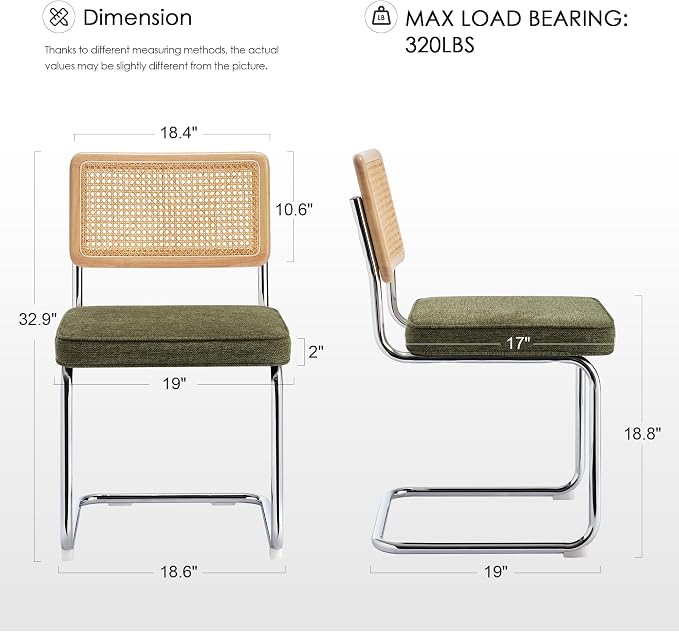Zesthouse Natural Rattan Dining Chairs Set of 2, Mid Century Modern Dining Chairs with Solid Wood Back & Chrome Base, for Kitchen Living Room, Breuer Design Inspired, Upholstered Linen Fabric, Green