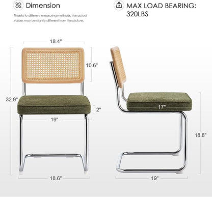 Zesthouse Natural Rattan Dining Chairs Set of 6, Mid Century Modern Dining Chairs with Solid Wood Back & Chrome Base, for Kitchen Living Room, Breuer Design Inspired, Upholstered Linen Fabric, Green