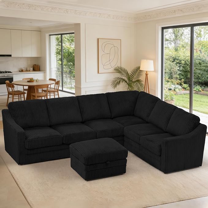 115 Inches Corduroy Sectional Sofa with Storage Ottoman, Modern 7 Seats Corner Couch with Deep Seat, Comfy Modular U Shaped Couch with Comfortable Cushions for Living Room, Black
