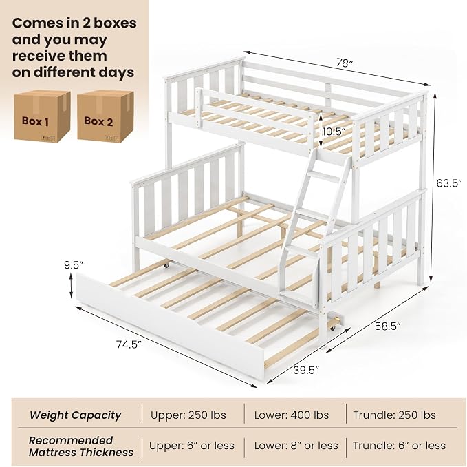 KOMFOTT Twin Over Full Bunk Bed with Trundle, Wood Bunk Bed with Pull-Out Trundle Bed, Solid Wood Frame, Ladder & Safety Guardrails, Convertible to 2 Separated Beds, No Box Spring Needed (White)