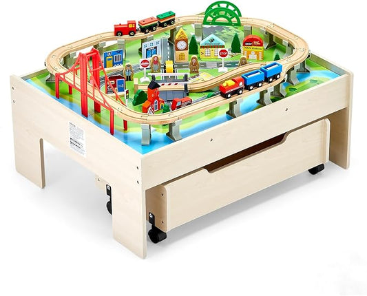 VEVOR Train Table, 100 Multicolor Pieces Wooden Kids Activity Table with Rolling Storage Drawer, 3-in-1 Wooden Train Set for Gaming, Drawing, Reading, Eating, Creative Toy Set for Kids Ages 3+