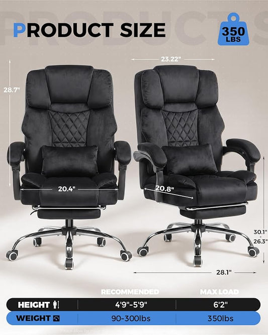 GTPLAYER Big and Tall Office Chair with Pocket Spring Cushion & Ergonomic Lumbar Support for Lower Back Pain Relief, High Back Computer Gaming Chair with Foot Rest, Soft Velvet Fabric, Black