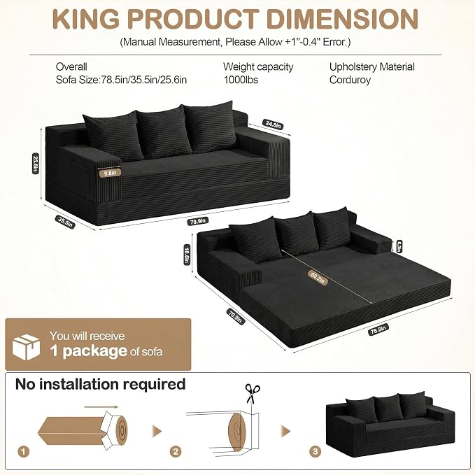 78.5” Convertible Sofa Bed,Corduroy 3 Seater Boneless Couch Bed Futon,Fold Out Couch with 3 Pillows,Loveseat Sleeper with Pull Out Bed for Living Room, Guest,Bedroom,Black