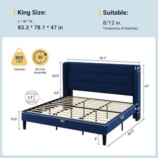 Allewie King Size Platform Bed Frame with Velvet Upholstered Wingback Headboard, No Box Spring Needed, Under Bed Storage Space, Wooden Slats, Modern Mattress Foundation, Easy Assembly, Blue