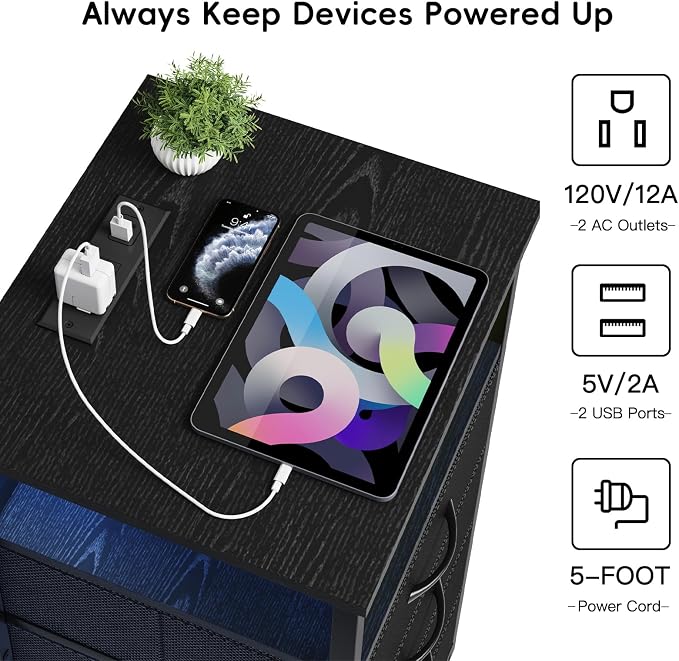 Fixwal Night Stand with 3 Fabric Storage Drawers, LED Nightstand with Charging Station, Bedside Table, Black
