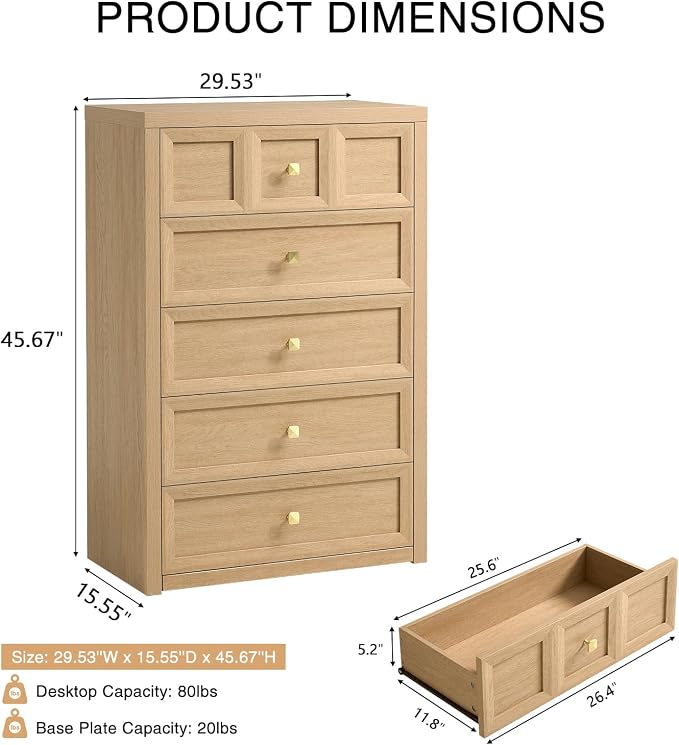 5 Drawers Dresser for Bedroom, 45.7" Tall Large Dresser & Chests of Drawers with Metal Handle, Clothes Storage Organizer w/Natural Texture for Bedroom, Living Room,Natural