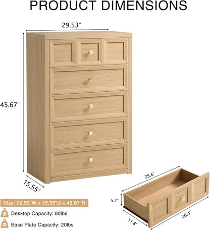 5 Drawers Dresser for Bedroom, 45.7" Tall Large Dresser & Chests of Drawers with Metal Handle, Clothes Storage Organizer w/Natural Texture for Bedroom, Living Room,Natural