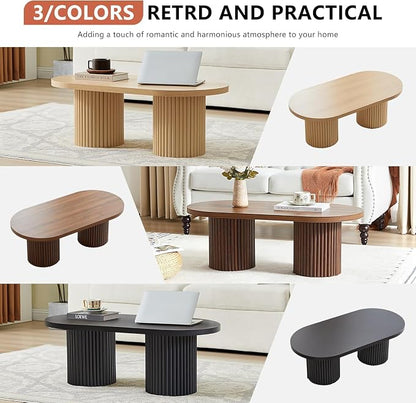 Small Fluted Coffee Table, Farmhouse Oval Wood Coffee Table Mid Century Modern Center Table Boho Living Room Tables for Living Room, Black