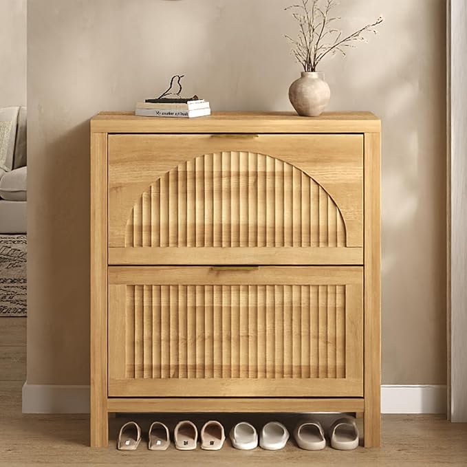 YOMILUVE Shoe Storage Cabinet for Entryway, Fluted Shoe Cabinet with 2 Flip Drawers, Hidden Shoe Rack Slim Freestanding Hidden Shoe Organizer for Foyer, Hallway, Oak