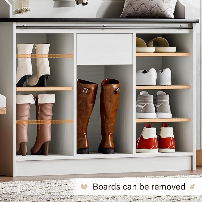 4ever2buy Farmhouse Hall Tree with Bench 5-in-1 Entryway Bench with Coat Rack with Sliding Barn Doors Entryway Coat Rack with Shoe Storage