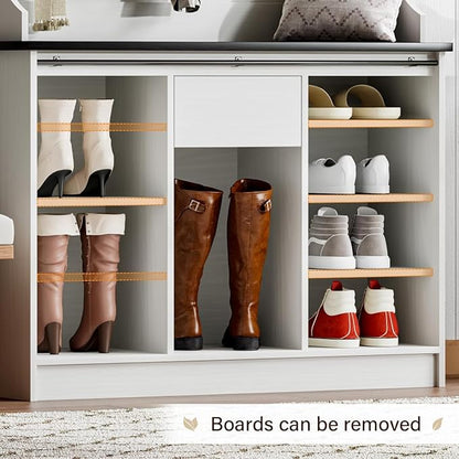 4ever2buy Farmhouse Hall Tree with Bench 5-in-1 Entryway Bench with Coat Rack with Sliding Barn Doors Entryway Coat Rack with Shoe Storage
