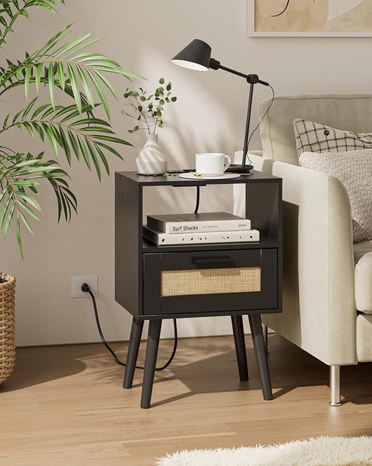 Aienvey Bedroom Nightstands Wooden Night Stands with Rattan Weaving Drawer Home Bedside End Table for Bedroom Storage (Modern-Black)