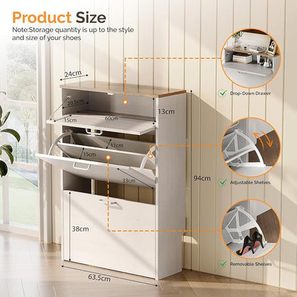 VINGLI Set of 2 Rustic White Shoe Cabinet for Entryway, 2-Pack Ultra Slim Shoe Organizer with Vintage Brown Top, 24.8" W Narrow Shoe Cabinet for Front Door, Farmhouse Wood Shoes Rack for Hallway