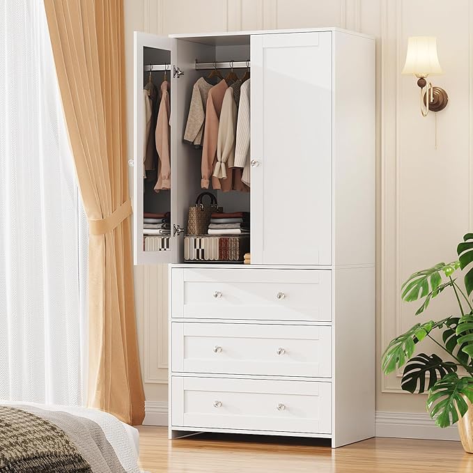 VOWNER Armoire Wardrobe Closet with Drawers and Mirror, 71" Clothing Storage Cabinet with Hanging Rod, 2 Doors Wooden Wardrobe Cabinet for Bedroom, Large Capacity Storage
