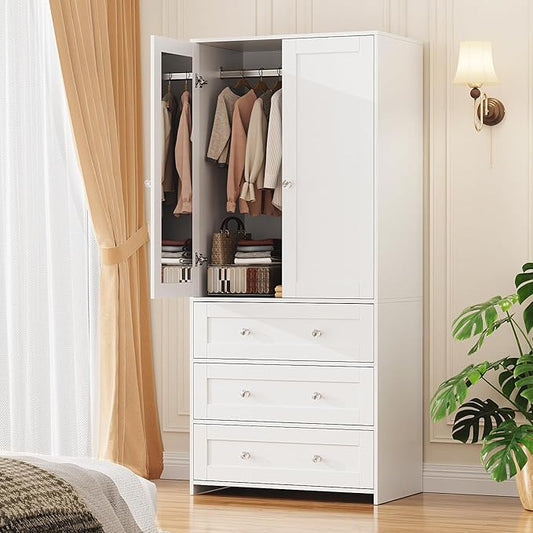 VOWNER Armoire Wardrobe Closet with Drawers and Mirror, 71" Clothing Storage Cabinet with Hanging Rod, 2 Doors Wooden Wardrobe Cabinet for Bedroom, Large Capacity Storage