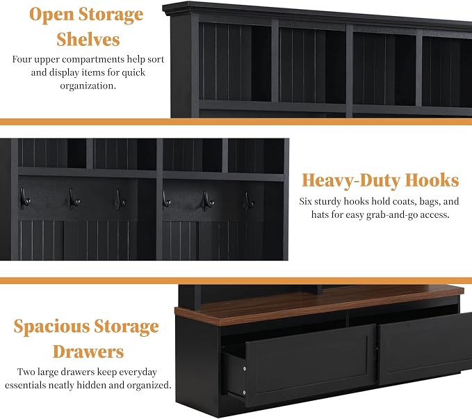 55.9" W Hall Tree with Bench and Shoe Storage,Shoe and Coat Rack with Drawer and Hooks,Farmhouse Furniture for Entryway,Mudroom,Living Room,Black