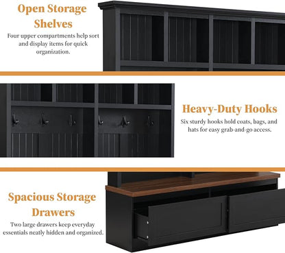 55.9" W Hall Tree with Bench and Shoe Storage,Shoe and Coat Rack with Drawer and Hooks,Farmhouse Furniture for Entryway,Mudroom,Living Room,Black