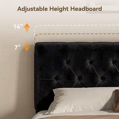 Queen Size Bed Frame with Headboard, Luxury Velvet Fabric Upholstered Bed frame with Button Tufted Design, Strong Wooden Slats Support - Low & Sturdy, Noise-Free, No Box Spring, Easy Assembly, Black | Plush velvet