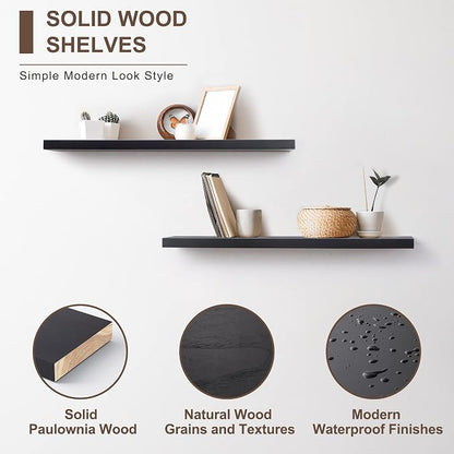fuqing Black Floating Shelves for Wall - 36 Inch Lightweight Wood Wall Shelves Set of 2 - Floating Black Shelves for Storage Display Ledges for Bedroom Kitchen Living Room