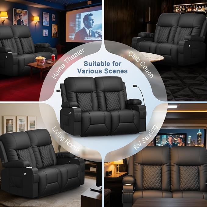 Loveseat Recliner Sofa, Home Theater Seating with Storage & Pocket, Reclining Loveseat Sofa with USB Ports & Phone Holders, Wall Hugger Recliner RV Couch Furniture