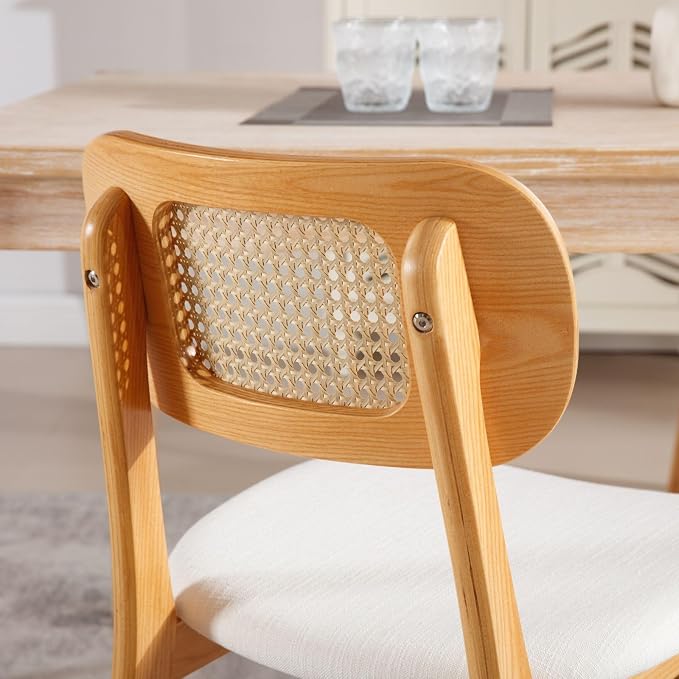 ROCITY Rattan Dining Chairs Set of 6 Beige Linen Fabric Dining Room Chairs Natural Wooden Kitchen Chairs Farmhouse Boho