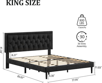 CXVX King Size Platform Bed Frame with Upholstered Velvet Button Tufted Headboard, Mattress Foundation with Wooden Slat Support, No Box Spring Needed, Easy Assembly, Noise Free, Black.
