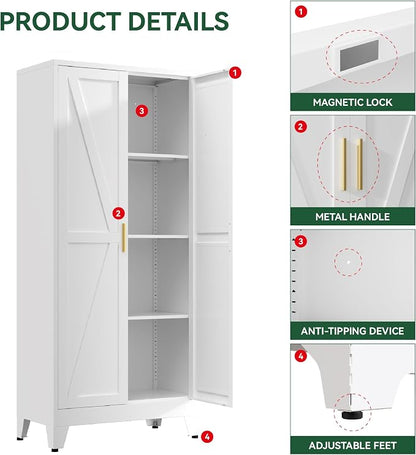 Kitchen Pantry Cabinet with Barn Doors,61" H x 27.5" W,Metal Farmhouse Storage Cabinet with Adjustable Shelves,4-Tier Storage Cabinet for Kitchen Dining Room Garage Office,White 1 Pack