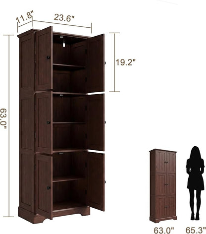 ChooChoo Tall Bathroom Storage Cabinet with 6 Doors, Freestanding Floor Cabinet with Adjustable Shelves, Rustic Walnut Pantry Cabinet for Bathroom, Kitchen, Laundry Room
