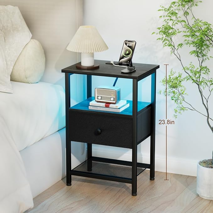 LOAKEKEL LED Night Stand with Charging Station, Small Bedside Table with USB Ports & Outlets, Fabric Storage Drawer with PU Finish for Bedroom, Black, HETS01BK-1