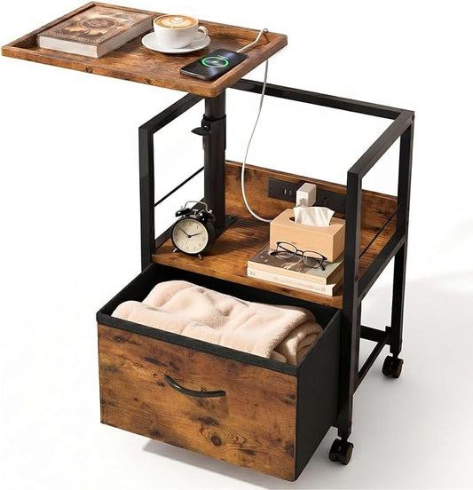 Faesun Swivel Lift Top Nightstand with Charging Station, Rolling Night Stand with Fabric Drawer, Adjustable Bedside Table for Bedroom, Living Room, Brown, Pro