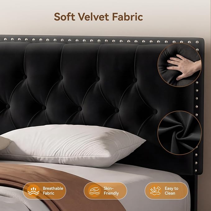 Queen Bed Frame with Headboard, Luxury Velvet Fabric Upholstered Bed frame with Button Tufted Design, Strong Wooden Slats Support - Low & Sturdy, Noise-Free, No Box Spring, Easy Assembly, Black | Plush velvet