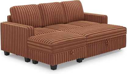 Belffin Corduroy Modular Sectional Sleeper Sofa with Pull Out Bed Small Sectional Couches with Storage for Living Room Apartment Couch. Brick-red Couch