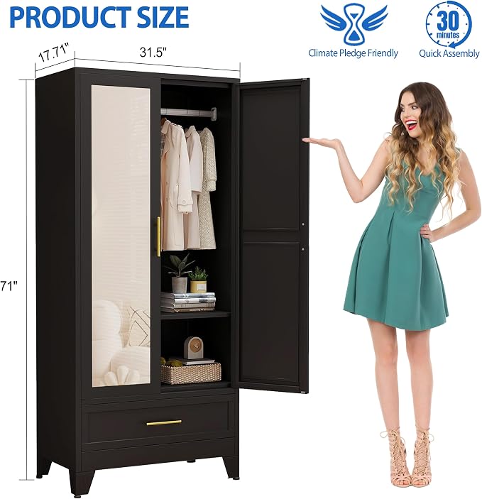GAIOUS Steel Armoire Wardrobe Closet with Mirror Door and Drawer 71" Black | Household Wardrobe Cabinet with Hanging Rod, Metal Clothing Storage Cabinet with Adjustable Shelf for Bedroom, Cloak, Gym