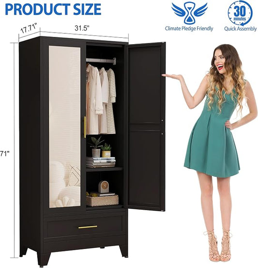GAIOUS Steel Armoire Wardrobe Closet with Mirror Door and Drawer 71" Black | Household Wardrobe Cabinet with Hanging Rod, Metal Clothing Storage Cabinet with Adjustable Shelf for Bedroom, Cloak, Gym
