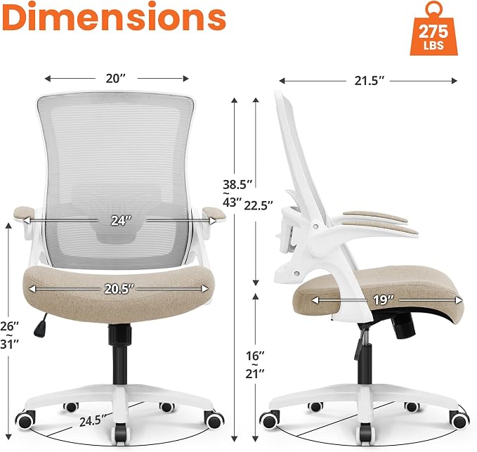 NEO CHAIR Office Desk Gaming Chair Computer High Back Mesh Seat with Rolling Wheels Ergonomic Adjustable Comfy Flip-up Armrests Lumbar Support Height for Home (Beige White Frame)