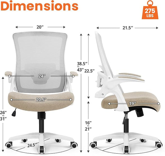 NEO CHAIR Office Desk Gaming Chair Computer High Back Mesh Seat with Rolling Wheels Ergonomic Adjustable Comfy Flip-up Armrests Lumbar Support Height for Home (Beige White Frame)