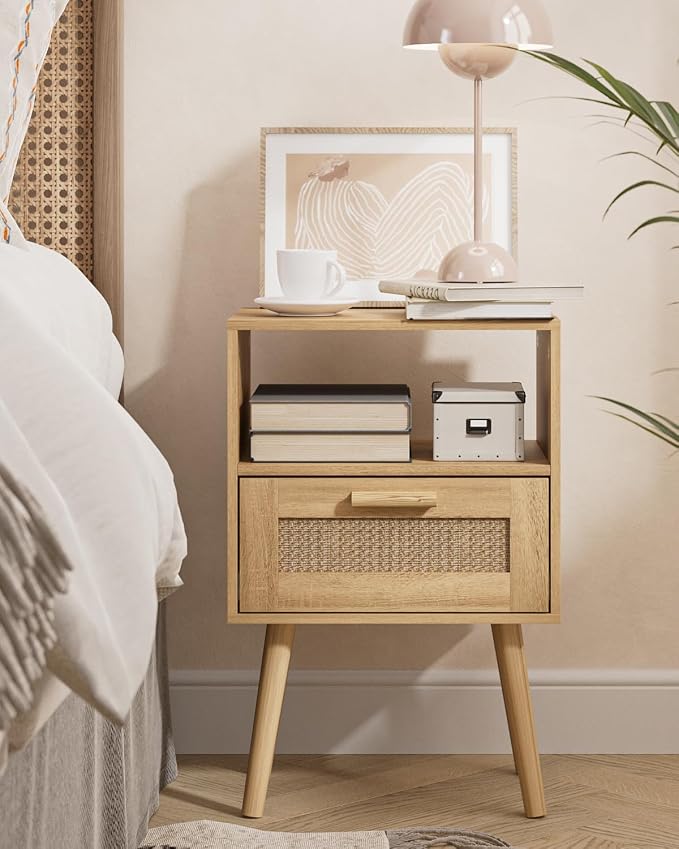 Aienvey Rattan Nightstand, Small Night Stand, Side Table with Drawer Open Shelf, Cane Accent Bedside End Table with Wood Legs, Mid Century Modern Nightstand for Bedroom, Oak (Mid-Century Modern)