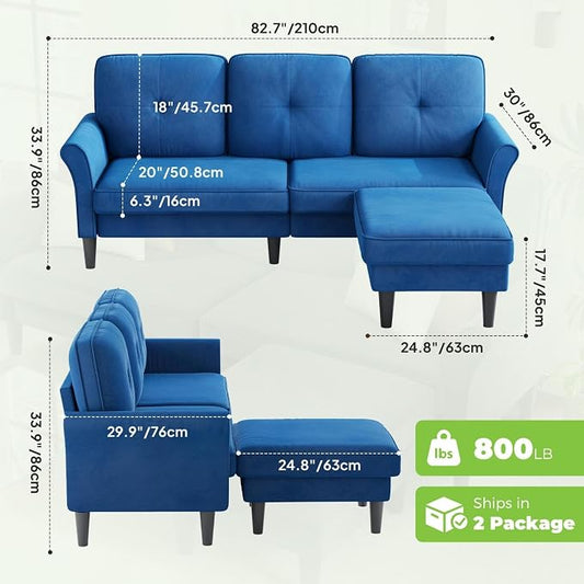 Welzona Sectional Couches for Living Room, 83" Velvet Modern 3 Seater Sofa, L Shaped Couch with Ottoman, Small Sectional Couch Sofas for Living Room, Bedroom, Apartment, Office, Blue Sofa