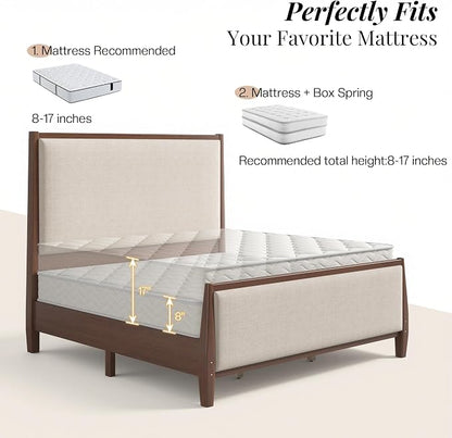 Jocisland 58" Tall Solid Wood California King Size Bed Frame with Upholstered Headboard & Footboard, Wooden Platform Bedframe, No Box Spring Needed, Easy Assembly, Modern Farmhouse Style, Dark Walnut
