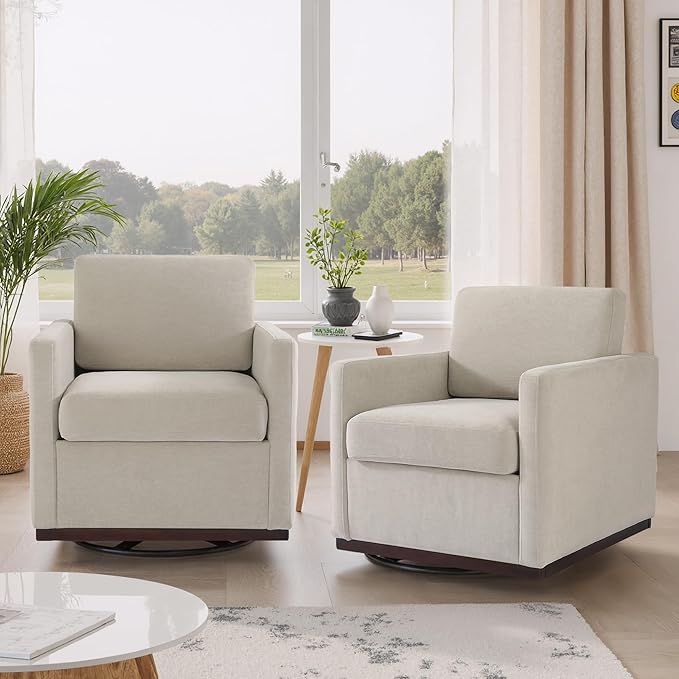 360° Swivel Accent Chairs Set of 2, 31" Wide Upholstered Club Armchairs for Living Room, Comfy Square Swivel Barrel Chair with Metal Base, Chenille Fabric, Light Sand