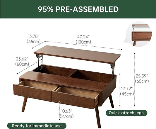 100% Solid Wood Lift Top Coffee Table for Living Room, Mid Century Modern Tables with Drawers and Large Storage, Oak Wood Coffee Tables for Small Spaces (Oak Walnut Color, 47.24"W x 23.62"D x 25.59"H)