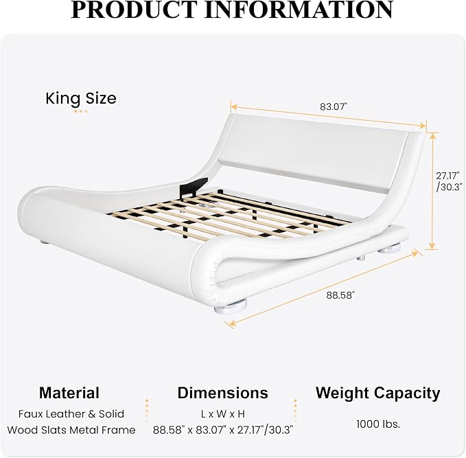 SHA CERLIN King Size Upholstered Bed Frame, Deluxe Low Profile Sleigh Bed with Faux Leather Ergonomics Headboard, No Box Spring Needed & Easy Assembly, White