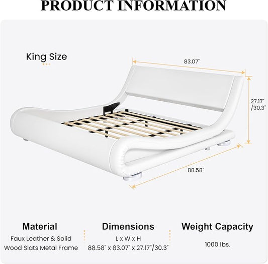 SHA CERLIN King Size Upholstered Bed Frame, Deluxe Low Profile Sleigh Bed with Faux Leather Ergonomics Headboard, No Box Spring Needed & Easy Assembly, White